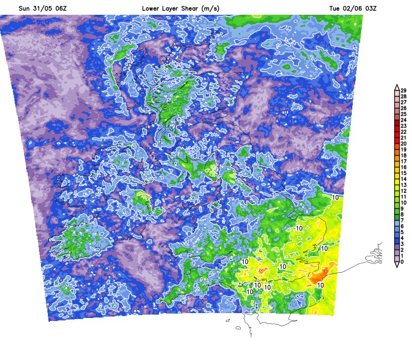 NickJF75's tweet photo. Interesting convective set-up Monday night to keep an eye on, as an unstable warm moist airmass streams in ahead of cold front moving in from the west, modest deep-layer shear but quite strong low-level shear toward SE England and low LCLs could support a tornado if thunderstorms develop.

During Tuesday, further thunderstorms could develop widely with surface heating in sunny spells, as an upper trough follows cold front steepening lapse rates.