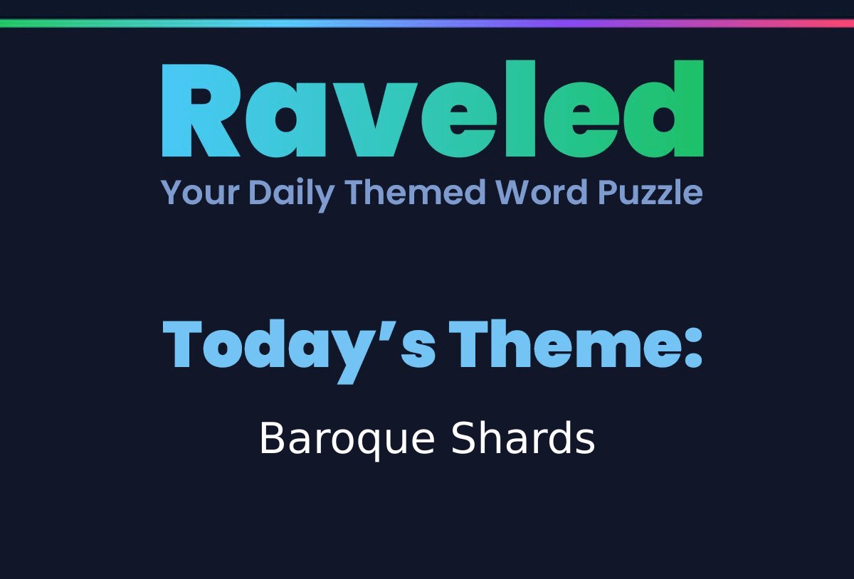 RaveledGame's tweet photo. The theme for May 31st, 2026 is: Baroque Shards.

Play now at https://t.co/UleCWTwNhu

#Raveled #RaveledGame #WordGames #Puzzle https://t.co/wfF7afdZpm