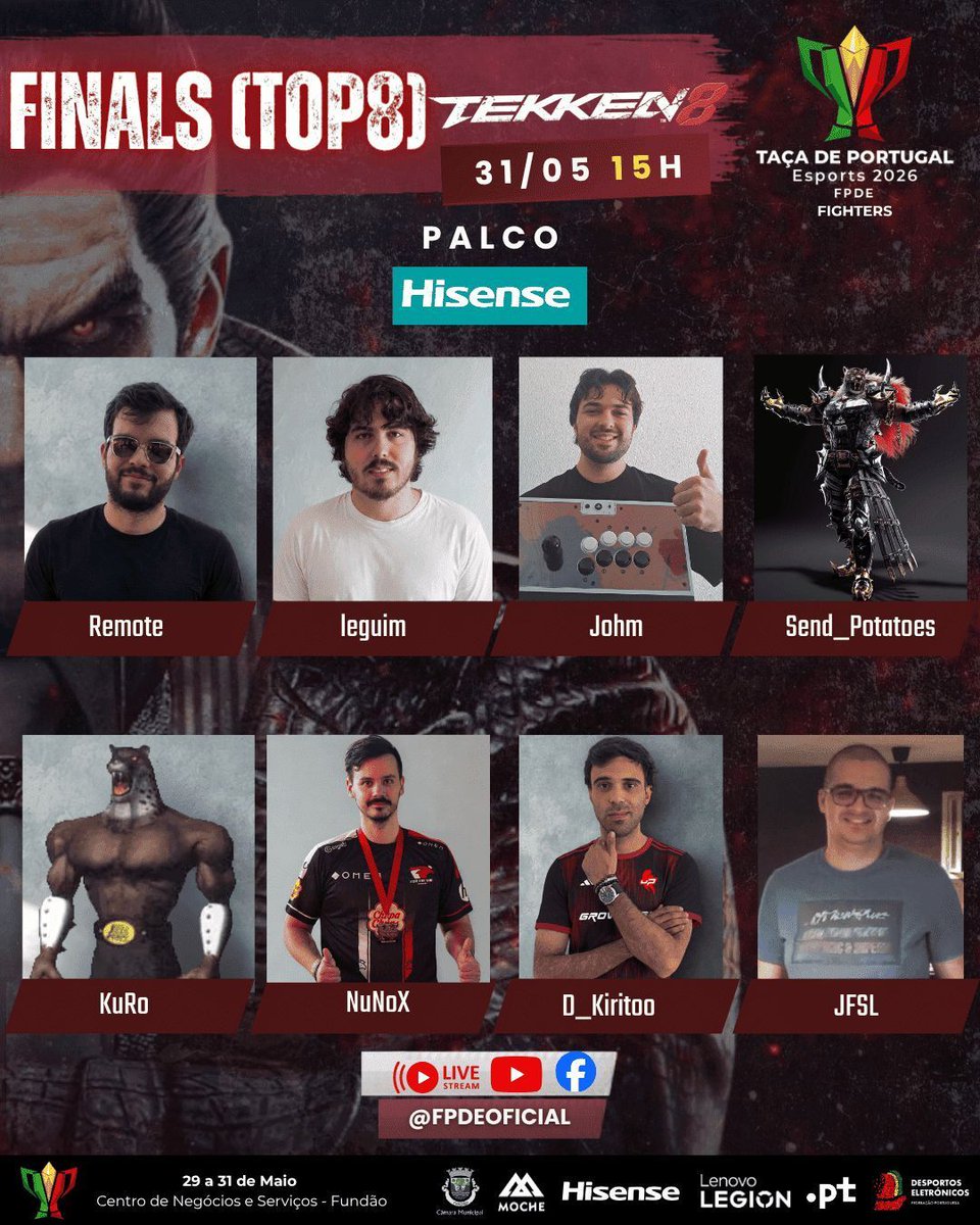 fpdeoficial's tweet photo. 🥷 Aqui temos o Top 8 da Fase Presencial da Taça de Portugal de Tekken 8🔥 

📍 NuNoX - @NuNoX__ @ftwesports 
📍 Remote - @not_remot3 
📍 Johm
📍 Send_Potatoes
📍 KuRo
📍 D_Kiritoo - @D_Kiritoo @growupesports 
📍 leguim - @miguel152111 
📍 JFSL  - @jfsl98 @oeste_gaming

🗓️ 31/05 15H
📍 Palco Hisense 
📺YouTube e Facebook -  fpdeoficial

@moche
@HisenseIntl Portugal
@lenovoportugal
#.PT 
@guessthechoice
@playnekogame
#imaginary_compass 
@LocusCrewPT

#FPDE #Esports #EsportsPortugal #VisãoEsports2030 #MaisqueumjogoSomosDesporto #RoadToFundão #TaçadePortugalEsports2026 #TaçadePortugalEsports2026 #TDP2026 #TDPEsports2026 #TaçadePortugal #TaçadePortugal2026 #GamingPortugal #Competição #Gaming #videojogos #Taça #Portugal #BeiraBaixa #Fundão #Tekken8