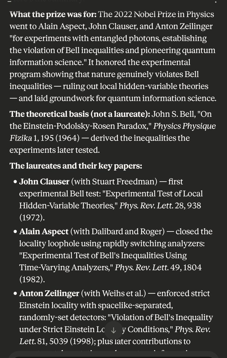 SebSteele0's tweet photo. @TVachaW @thelivingfield_ This should start you off. The Nobel was more for an accumulation of evidence iirc, but these are some of the key works. The key is non-locality, and showing no hidden variables. https://t.co/g4M2Fq5Yhe