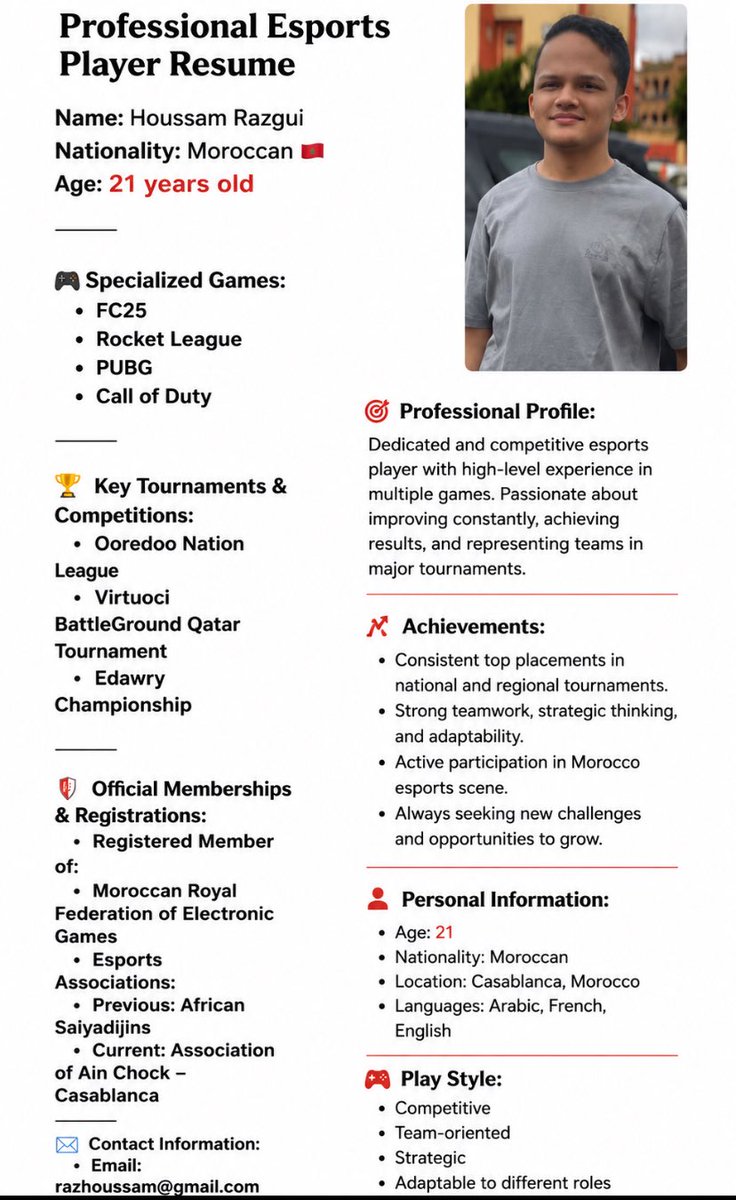 RazHoussam's tweet photo. 🎮 Free Agent | eSports Player 🇲🇦  

الاسم: حسام  
العمر: 21 سنة  
لاعب eSports منذ 2021  
أبحث عن فريق احترافي للمنافسة والتطوير 🔥  
متاح لـ Tryouts والتواصل 📩 https://t.co/cFEvTJcJE5