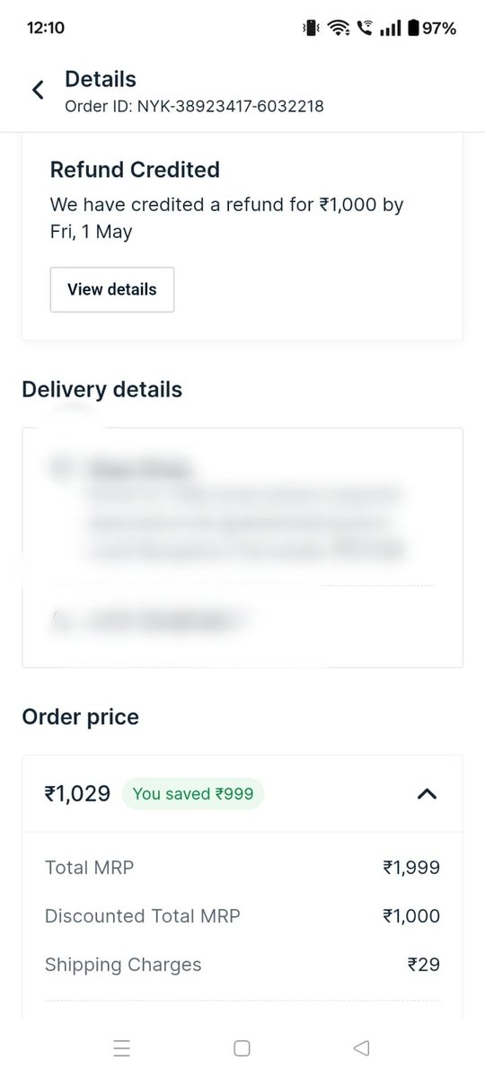 scale1bm's tweet photo. @TheOfficialSBI I ordered for Rs 1029 on nykaa and out of that nykaa returned 1000 by deducting 29 as shipping cost and was to be credited back in my sbi account maxm by 1st may but till now I have not received the refund...Is it Good service??? https://t.co/RTqxOVENss