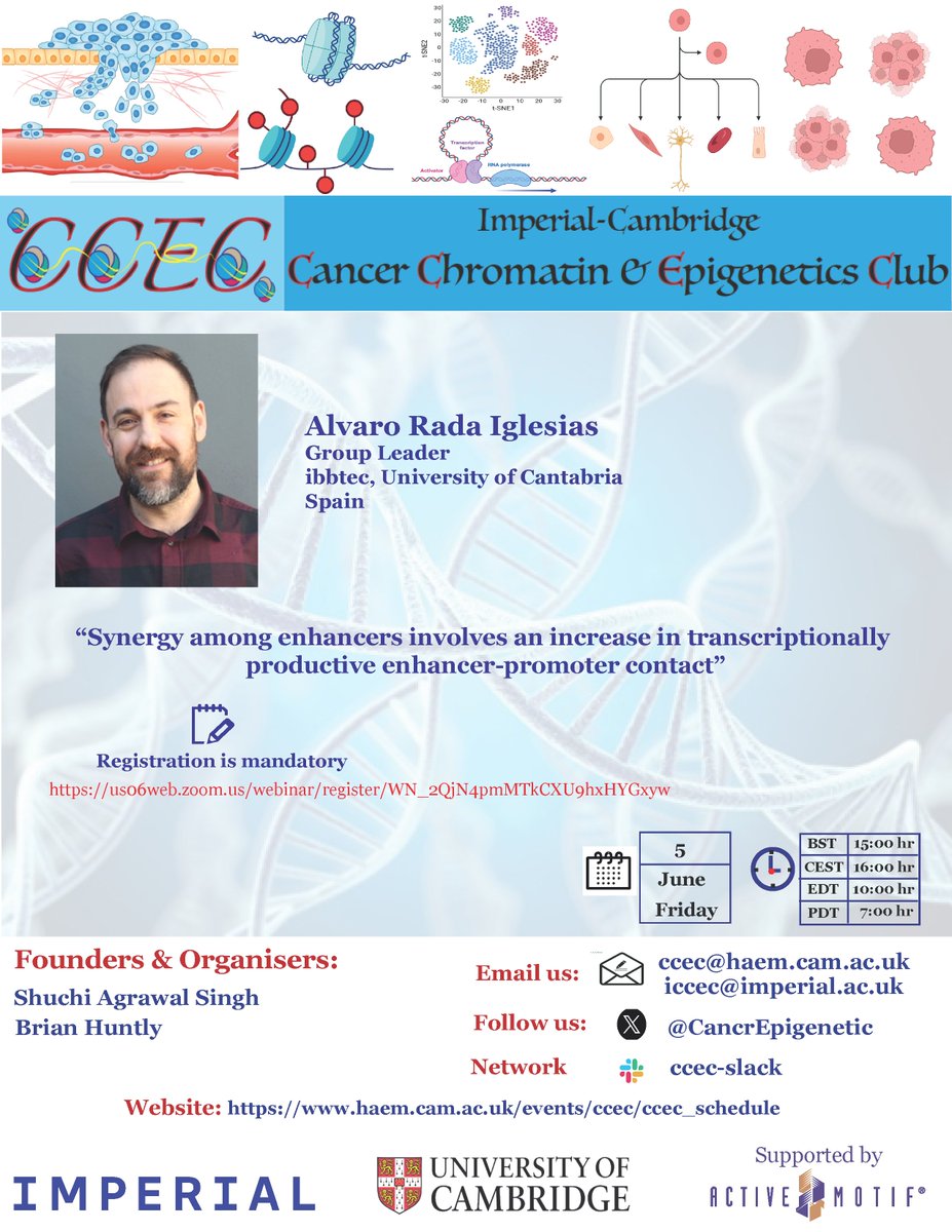 CancrEpigenetic's tweet photo. 📢Another exciting seminar on CCEC, scheduled on Friday 6thJun@3PM,UKtime with Alvaro Rada Iglesias @IBBTEC Cantabria.
Alvaro will discuss: Enhancer-Promoter contact, a key feature in gene regulation, how and why?? link2join https://t.co/V7gUW5YReJ
@ShuchiChromaBio
@activemotif https://t.co/a6IMuainEh