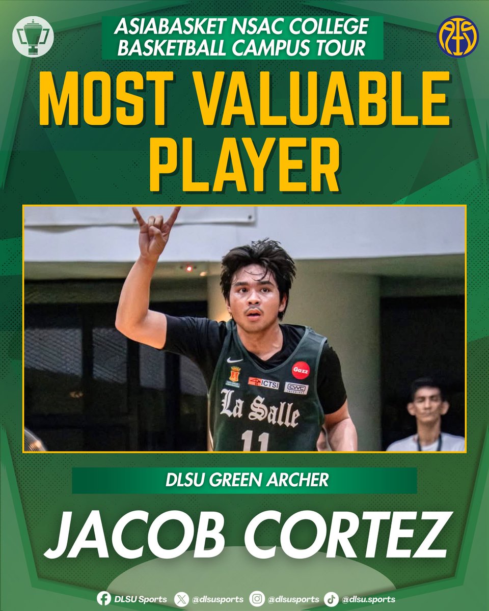 dlsusports's tweet photo. ONE OF ONE 🌟

Jacob Cortez of the DLSU Green Archers is granted the NSAC Most Valuable Player award, recognizing his excellent prowess throughout the tournament. 🏀

#GoLaSalle #AnimoLaSalle #DLSUSports https://t.co/1zg15CHtEw