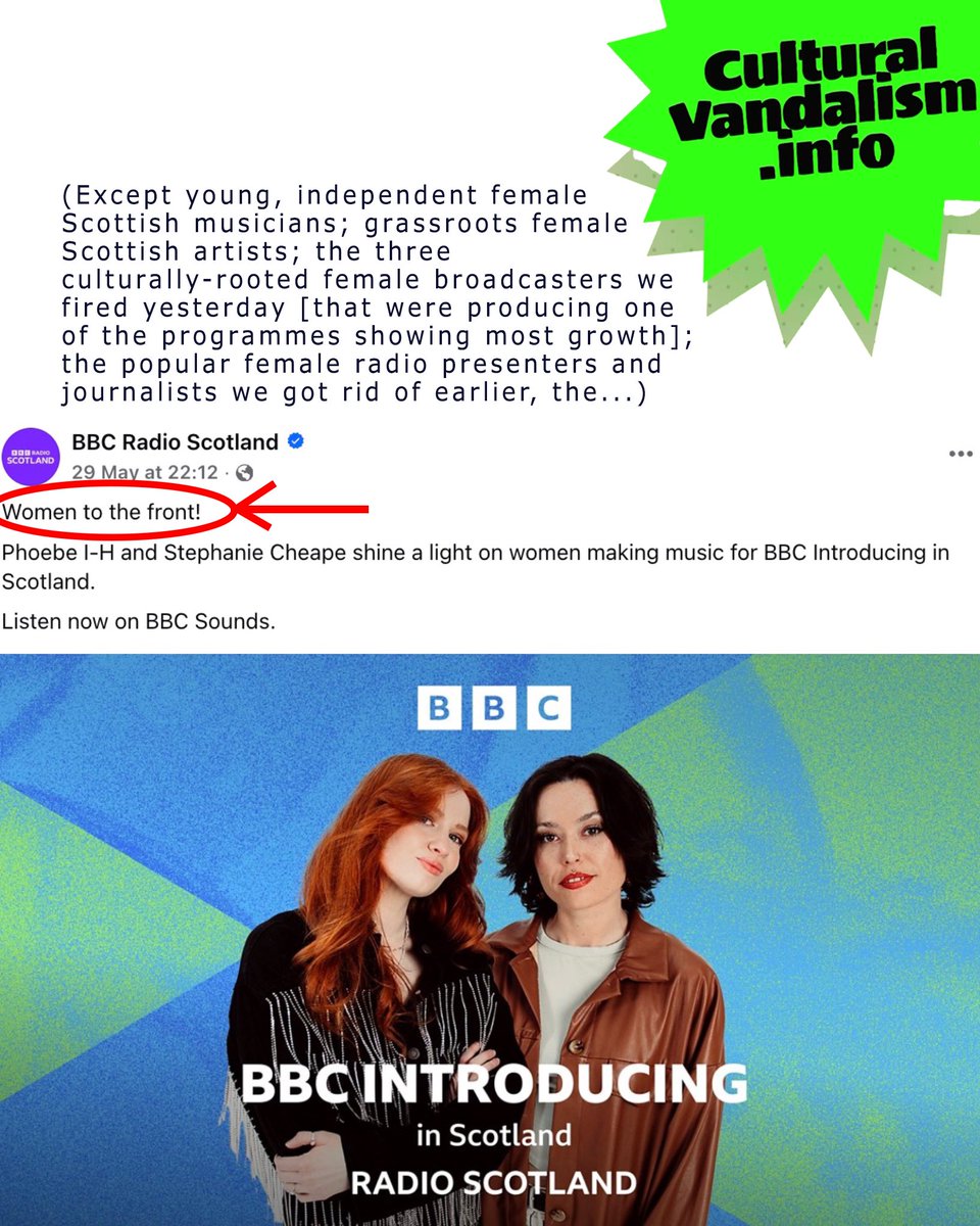 constantfollowr's tweet photo. “Women to the front!” (Except grassroots female Scottish musicians; independent female Scottish musicians; the three culturally-rooted female broadcasters we fired yesterday; the female journalists and presenters we axed before; the…) @BBCRadioScot  #culturalvandalism https://t.co/k1l0VhhTSs