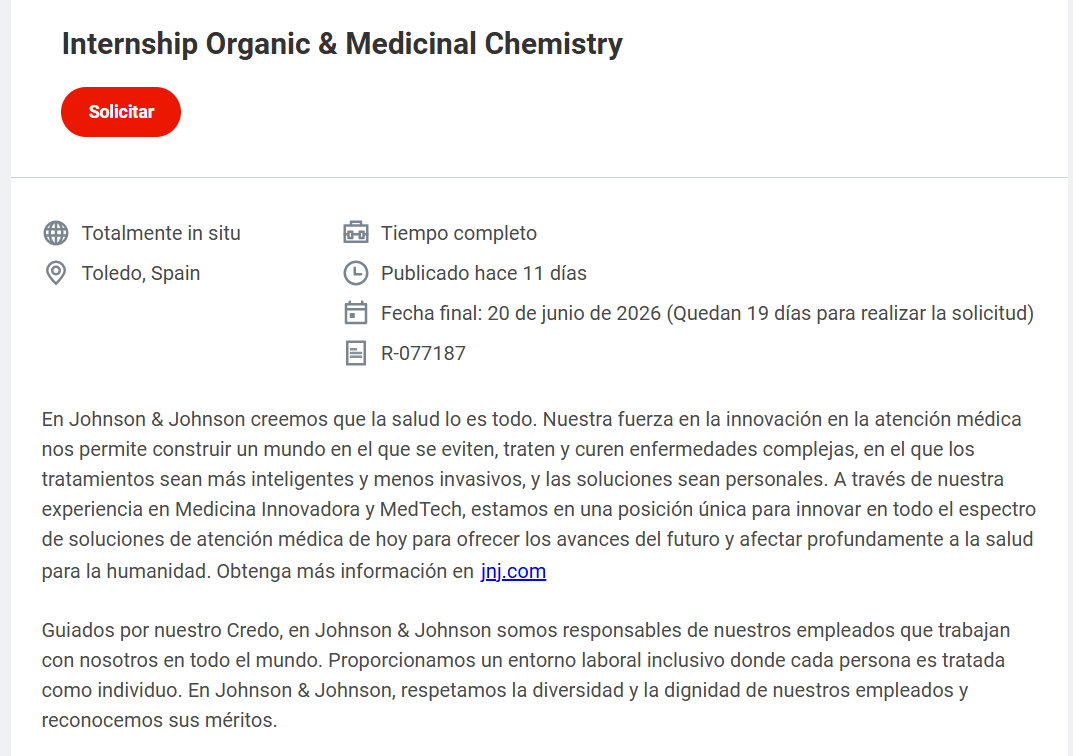RSEQUIMICA's tweet photo. 🔊Internship Organic &amp; Medicinal Chemistry
Johnson &amp; Johnson Innovative Medicine
🗓️Fecha límite/Deadline: 20/06/2026
➡️https://t.co/nExJ1lPKeJ https://t.co/YB7axc9mhy