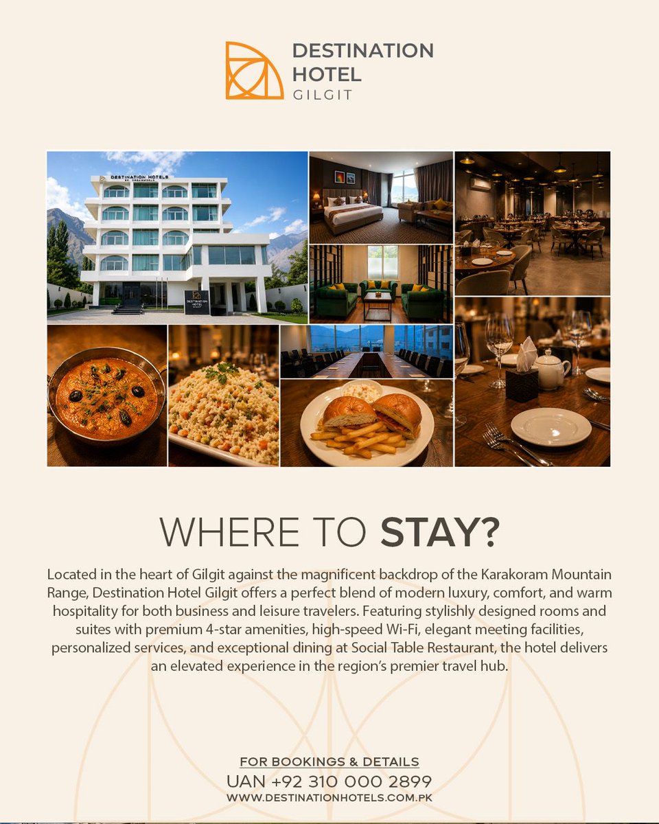 destinationHTLS's tweet photo. Discover Gilgit, where mountain views, riverside serenity, and northern culture come together. 
From iconic valleys and scenic routes to warm hospitality  at Destination Hotel Gilgit, your perfect northern escape begins here.
#destinationhotelgilgit #destinationhotelsbydreamworld https://t.co/dLHd7pQTS3