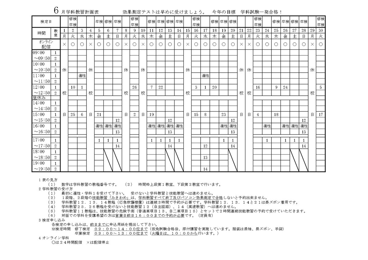 SendaiDriveS's tweet photo. ６月の学科予定表です。 オンライン学科を受けられる際は、注意点等を十分に理解していただきますよう、宜しくお願いします。https://t.co/l3WZ6pB07G #仙台ﾄﾞﾗｲﾌﾞｽｸｰﾙ https://t.co/aF6nsHiHyP