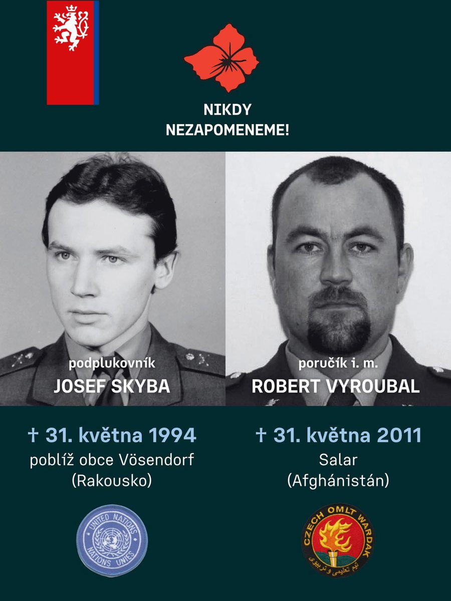 OVV_MO_CR's tweet photo. Dnes připomínáme dva naše vojáky padlé ve stejný den avšak 17 let od sebe. Byli vysláni Českou republikou i do odlišných zahraničních operací, UNPROFOR a ISAF. Jsou to Josef Skyba a Robert Vyroubal🥀🇨🇿
ČEST JEJICH PAMÁTCE.
Více👇🌺
https://t.co/cwBcSZKJGl
https://t.co/EibBVyiK1F https://t.co/xiI3vhdies