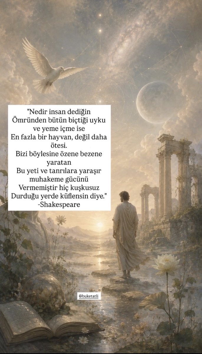 buketatli's tweet photo. "Nedir insan dediğin
Ömründen bütün biçtiği uyku
ve yeme içme ise
En fazla bir hayvan, değil daha ötesi.
Bizi böylesine özene bezene
yaratan
Bu yeti ve tanrılara yaraşır
muhakeme gücünü
Vermemiştir hiç kuşkusuz
Durduğu yerde küflensin diye."
#Shakespeare https://t.co/oGAj6omwUp