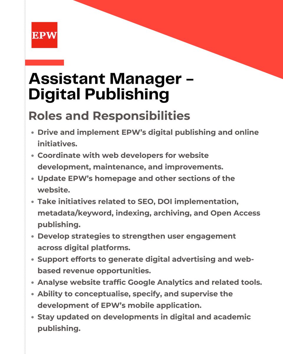 epw_in's tweet photo. Economic &amp; Political Weekly (EPW) is looking to appoint an Assistant Manager - Digital Publishing. We are looking for a dynamic and motivated professional to help strengthen EPW’s digital initiatives and online presence. 
Job Description: https://t.co/EFTF8LEi8v https://t.co/tg9BoaGDcc