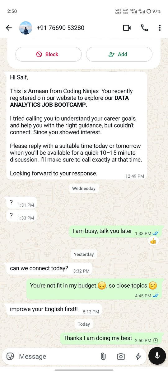 saifbju's tweet photo. I recently declined a Data Analytics Bootcamp because it was outside my budget. Instead of ending the conversation professionally, the counselor responded with: "improve your English first!!"
@CodingNinjasOff
#CodingNinjas #EdTech #StudentExperience https://t.co/j3NREbVZ2N