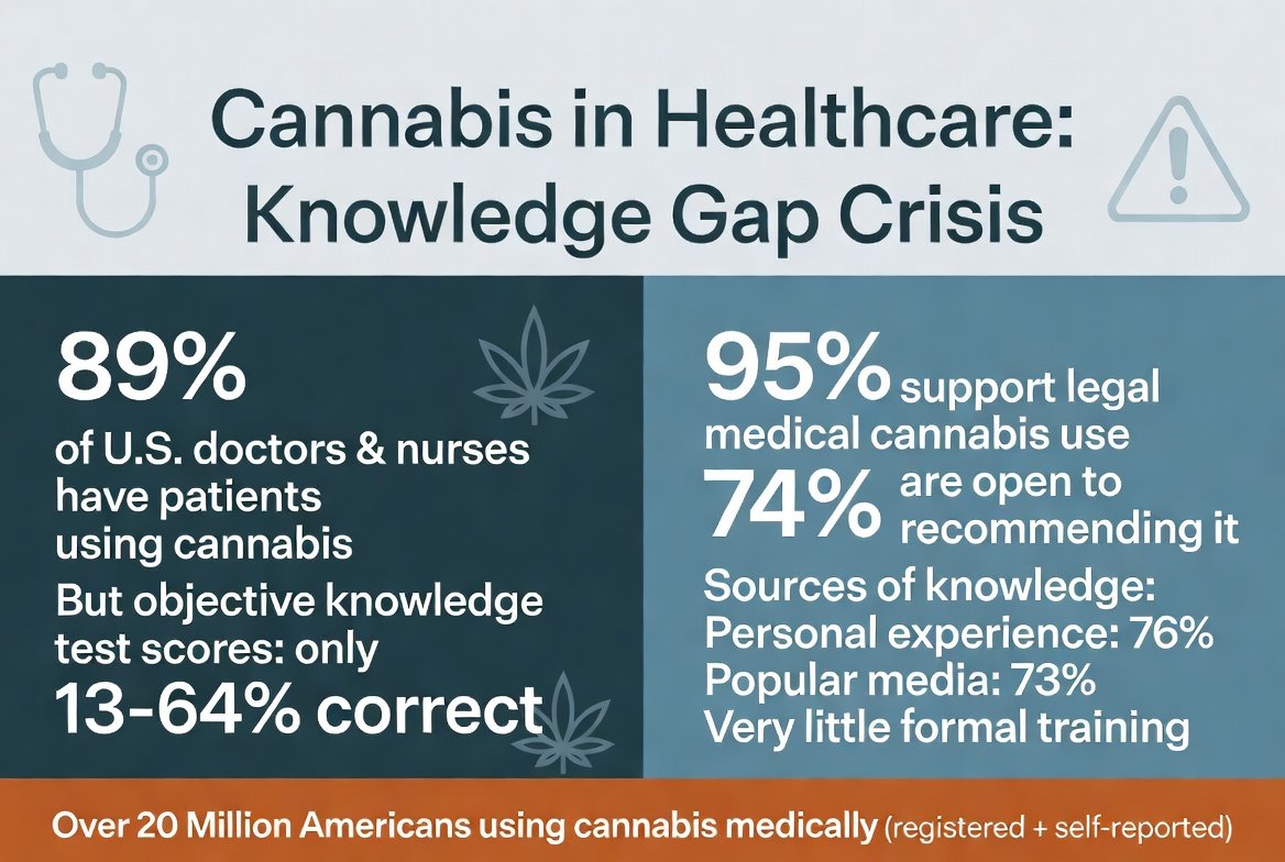 marclanders's tweet photo. 89% of U.S. doctors & nurses have patients using cannabis… but most fail basic knowledge tests on it!

Yet 95% support legal medical use and 74% are open to recommending it. 

Actual knowledge test scores: Very low — only 13–64% of answers were correct across topics.  

Most people learned about cannabis from personal experience (76%) or media (73%), not from formal training.  

With a combined total of over 20 million registered and self reported patients, this is medical malpractice!

https://t.co/psuBcGHbm6