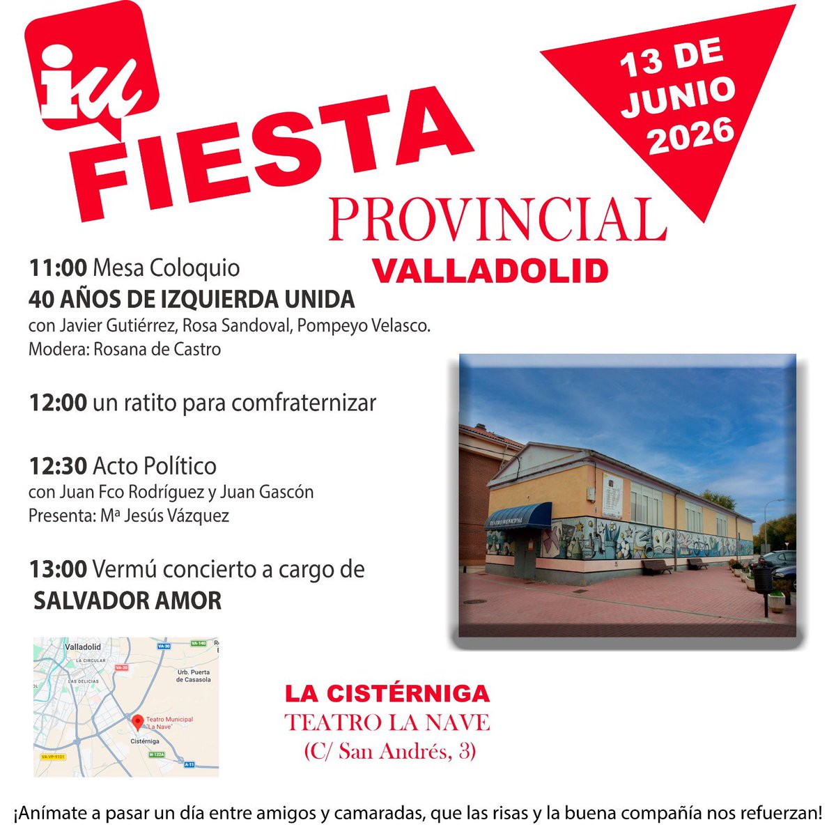 iu_valladolid's tweet photo. 🔻 FIESTA PROVINCIAL DE IU 2026 en La Cistérniga, un espacio de encuentro y convivencia para compartir experiencias, reforzar lazos y disfrutar juntos de una jornada especial.

✊ Te esperamos para compartir un buen rato con compañer@s llegados de toda la provincia. https://t.co/LShOkUTUZd