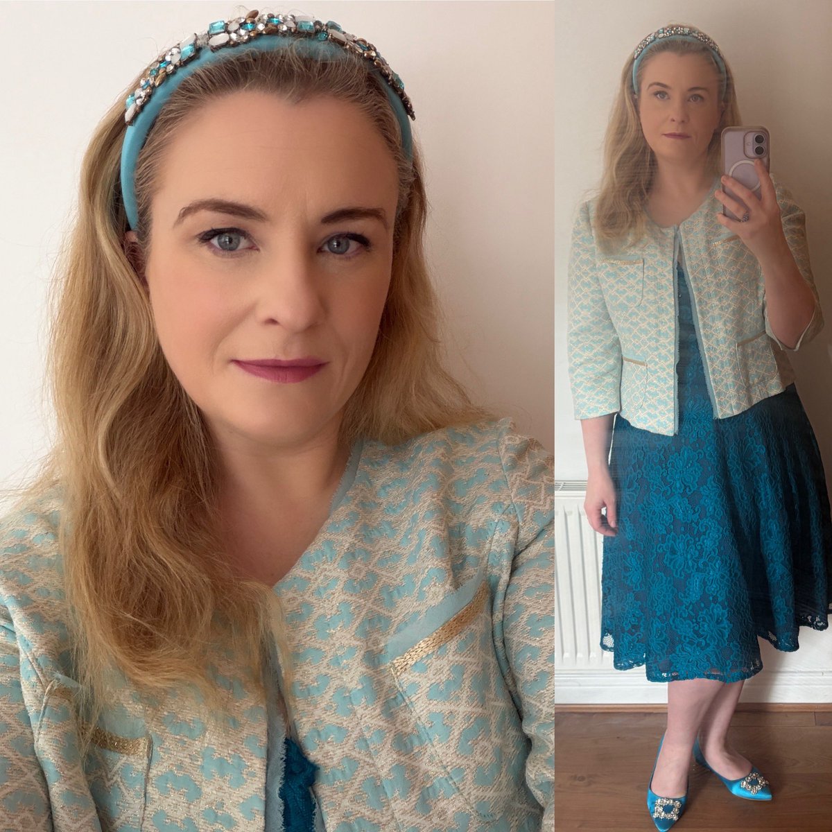 CatrinaSoprano's tweet photo. #sundaystyle in the last Sunday of May with a teal lace dress paired with brocade blazer and complimentary shoes and hairband with a hit of sparkle Daisies & Confetti #queenofthemay https://t.co/ifHjUmZHXG
