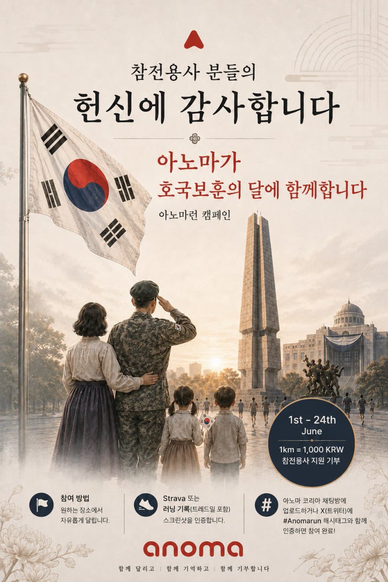 Cryptowombat125's tweet photo. 호국보훈의 달을 맞이하여 아노마에서 아노마런 캠페인을 진행합니다!

6월은 오늘날의 대한민국이 있게 해주신 호국영령분들을 기리는 호국보훈의 달입니다. 

아노마에서는 참전용사분들의 헌신과 희생에 감사하며 모두가 함께 참여할 수 있는 달리기 캠페인을 준비했습니다.

커뮤니티 여러분들이 달리시는 1km 당 아노마에서 1,000원, 총합 최대 625만원을 참전용사재단에 기부합니다.

1km라도 뛰어서 함께 해주신 모든 분들의 이름이 기부인 목록에 포함될 예정입니다. 

함께 달리고, 함께 기억하고, 함께 기부해요!

참여방법

1. 각자 원하는 장소와 시간에서 자유롭게 달린다

2. 야외에서 뛸 경우에는 Nike Run, Strava 등, 러닝머신에서 뛸 때는 Timstamp와 같은 달리기를 인증할 수 있는 앱을 사용하여 달리기 인증 스크린샷을 남긴다.

3. Anoma Korea 채팅방에 스크린샷을 올려 인증하거나, X 또는 인스타그램에 #Anomarun 해시태그와 함께 인증하면 참여 완료!

4. 6월 1일부터 6월 24일까지 총 집계된 km 수 만큼 (최대 625만원) 아노마에서 6월 25일 참전용사재단에 기부합니다.

주의사항 

- 기록을 위해 달리는 것이 아니기 때문에 무리하지 않고 자신만의 페이즈로 달려주세요. 천천히 뛰거나 걸어도 괜찮습니다.
- 낮 동안에는 온도가 높아 위험하니 아침이나 해가 진 후 뛰는 것을 권장합니다.
- 해가 떠 있을 때 달리는 경우 선크림과 충분한 수분섭취는 필수!
- 1인당 최대 기부 가능한 km 거리는 100km 입니다

참전용사분들의 희생을 잊지 않겠습니다. #Anomarun
@anoma