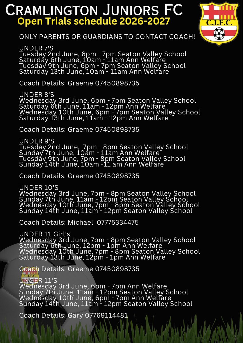 CramlingtonJnrs's tweet photo. Open sessions for 2026/2027 season start Tuesday 2nd June 2026.  Go on give us a try, “shy bairns……” https://t.co/MMHgbO5qpK