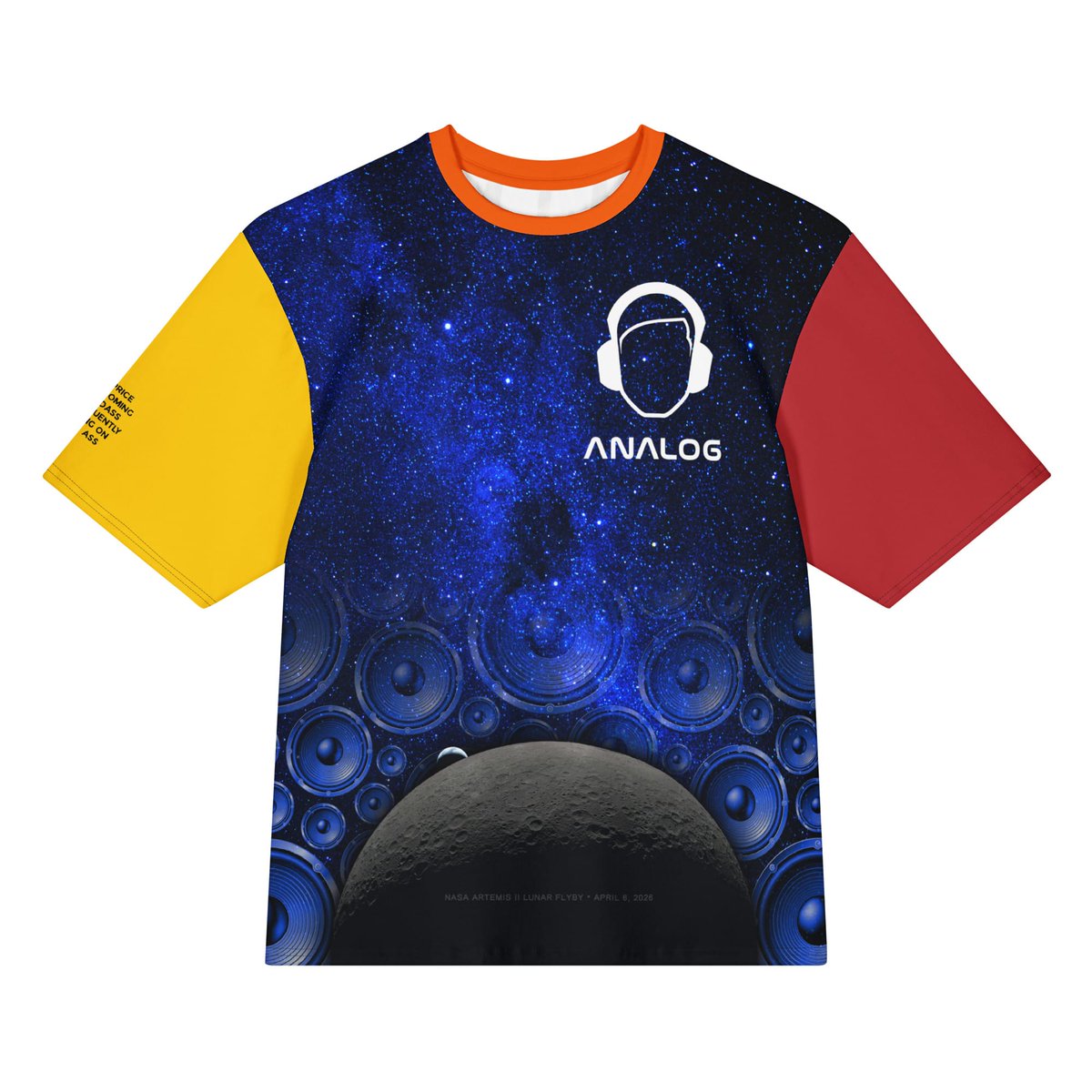 Designparc's tweet photo. First all-over cotton t-shirt.

Milky Way Galaxy. Wall of speakers. Earth &amp; Moon from NASA Artemis II Lunar flyby. DJ headphones. Analog in NASA font.

Camo background. Tilted Every Floor Is A Dance Floor™ text. Turntable with vinyl record.

Different color sleeves and collar. https://t.co/kD5OKNEbzg