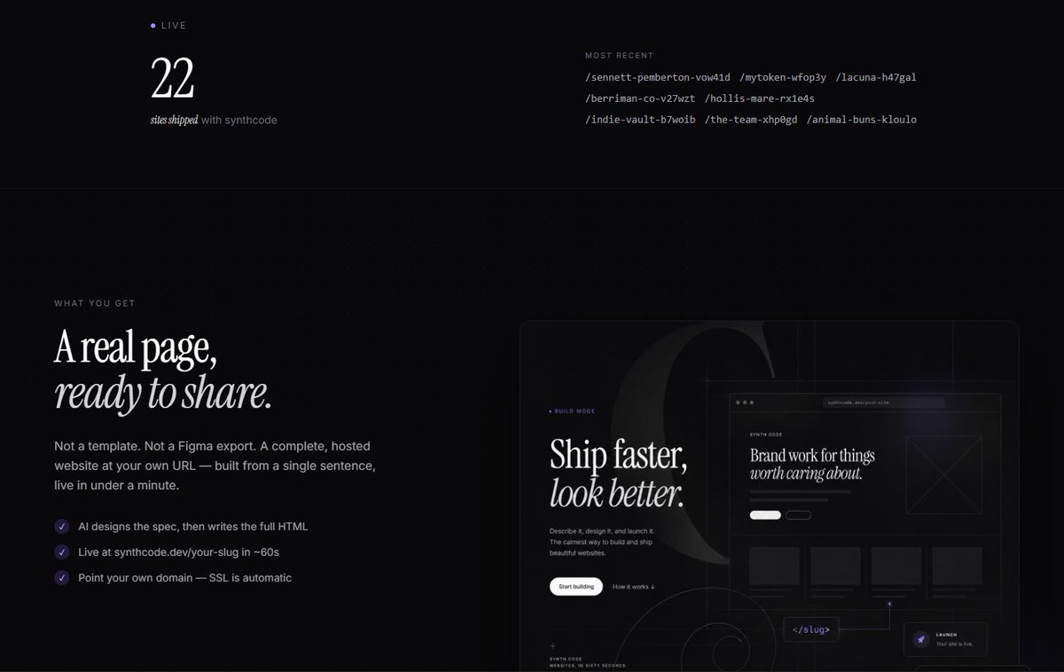 synthcodebase's tweet photo. 22 sites already shipped with Synthcode.

$SYNTH turns a prompt into a live hosted website.

Generate the page.
Edit the copy.
Ship it with hosting already handled.

Free to start with 3 sites per day.
Pro is $19/mo for more builds, custom domains, auto SSL, and priority generation.

make websites faster.