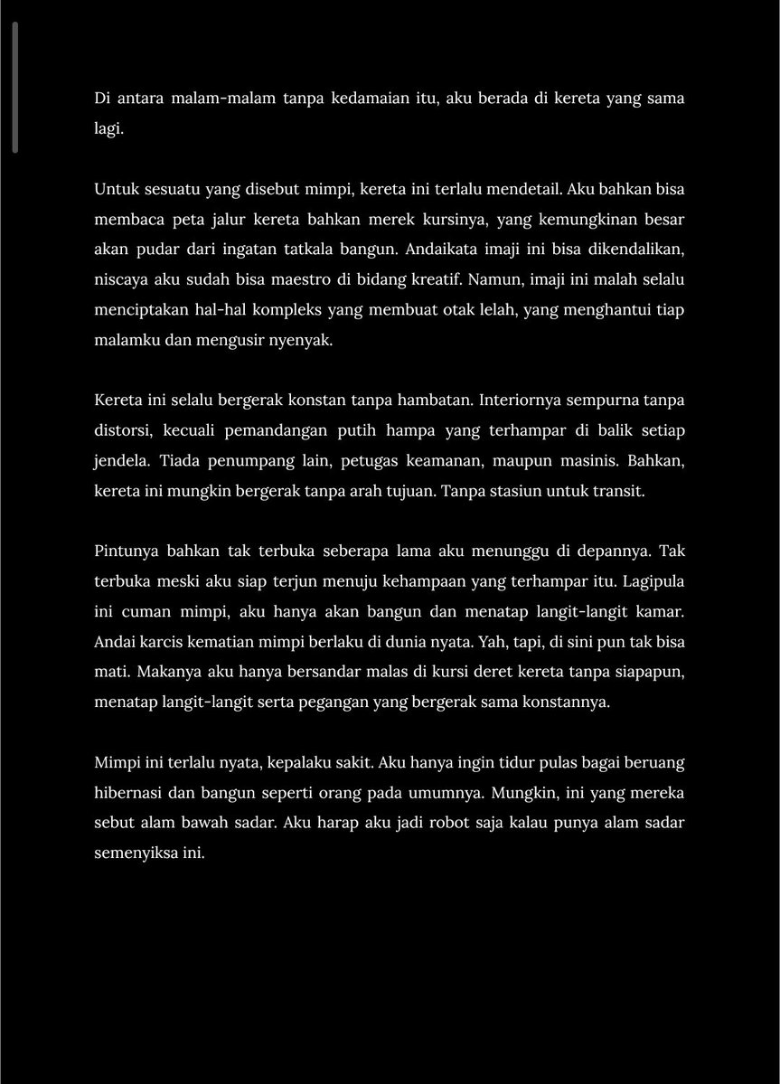 nawalarana's tweet photo. ️️ ️️
️️
⠀     𝐍𝐚𝐰𝐚𝐥𝐚 𝐏𝐚𝐭𝐫𝐚, 𝐄𝐝𝐢𝐬𝐢 𝐒𝐩𝐞𝐬𝐢𝐚𝐥—Malam-malam tanpa warna.

“Setiap malam tak lebih dari berisi bunga tidur ketiadaan.”

🎼: Sex, Drugs, Etc. — Beach Weather

️️#SongsOlim
️️ https://t.co/tGOv9uN7gp