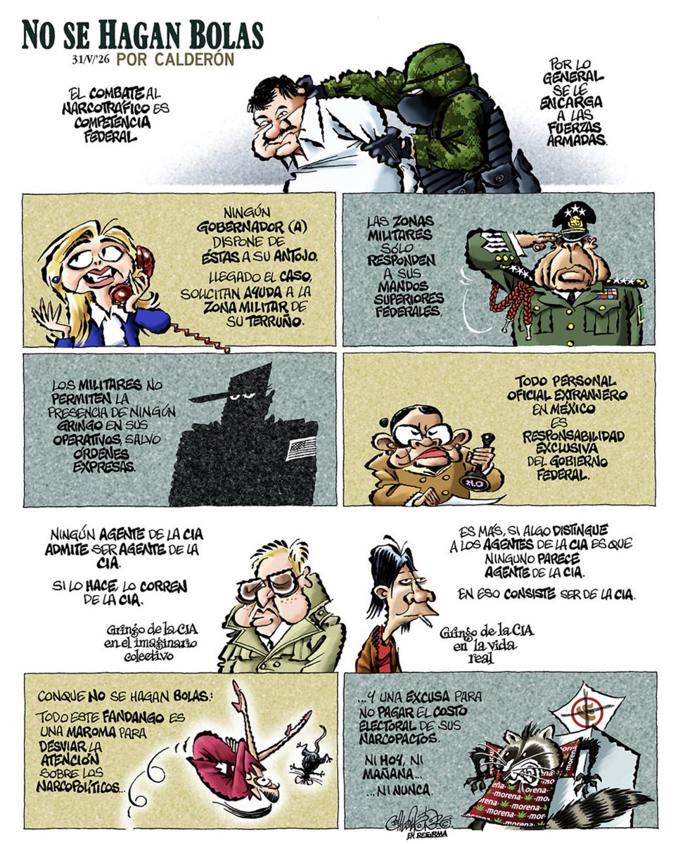bereaguilarv's tweet photo. Ni los gobernadores controlan al Ejército ni deciden sobre la presencia de agentes extranjeros. 

Entonces, ¿por qué el narcorégimen empuja esa historia?

Porque es más fácil inventar conspiraciones que explicar sus escándalos, sus pactos y sus narcopolíticos. 
@CartonCalderon https://t.co/4iQTMwkhAn