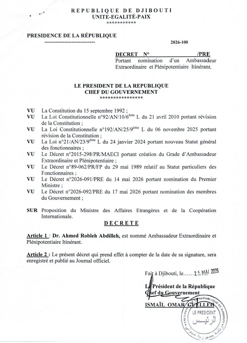 Amindada02's tweet photo. Son Excellence @RoblehDr , toutes mes félicitations pour ta nomination en tant qu'Ambassadeur Extraordinaire et Plénipotentiaire.
Je te souhaite beaucoup de réussite dans cette mission prestigieuse.
Que Dieu te protège et t'accorde le succès. » https://t.co/tKIeXKzz5h