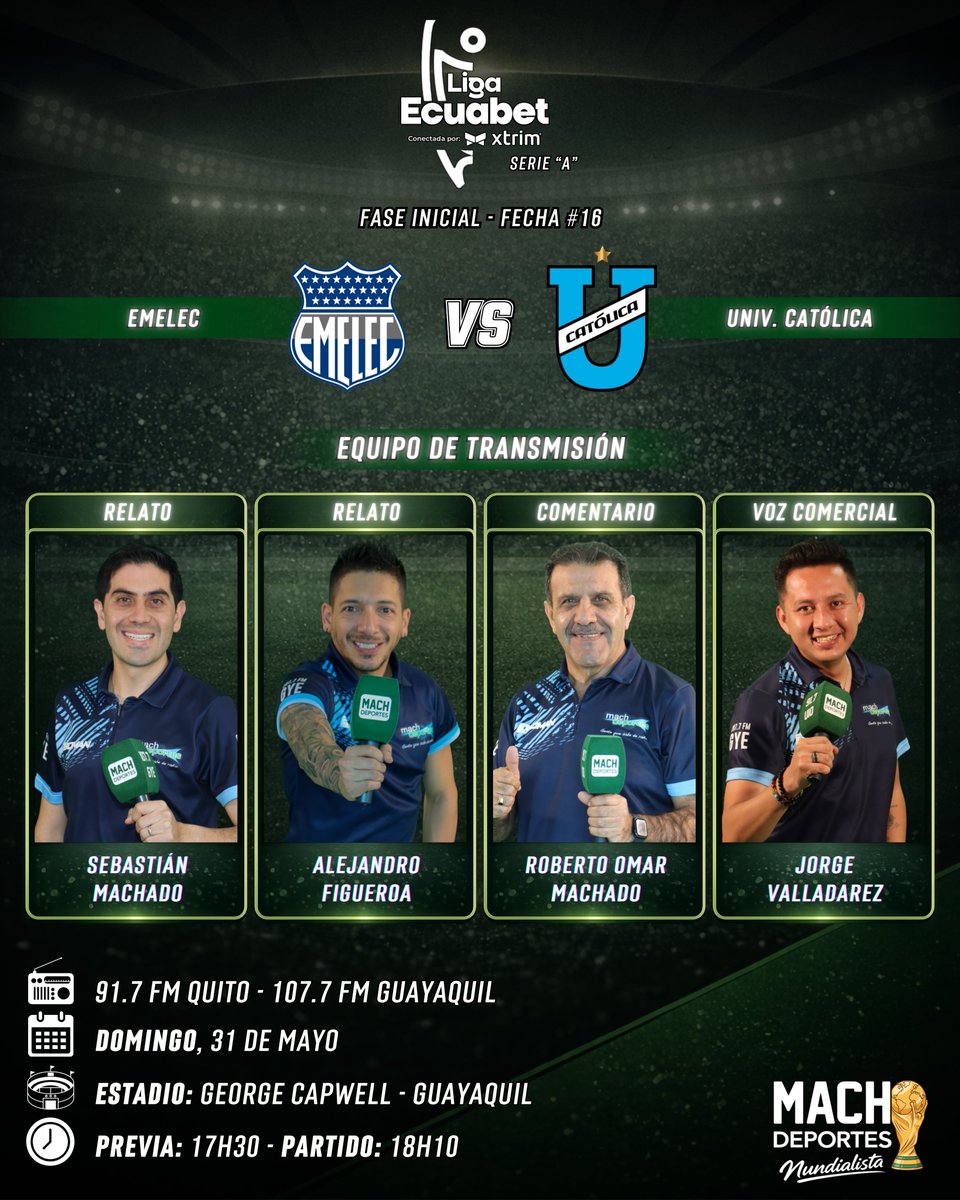 MachdeportesFM's tweet photo. 🖐️ ¡Se cierra la jornada de domingo: ⚡🔵 El bombillo quiere seguir en la senda de la victoria y recibe al 🩵🚂 trencito azul que no quiere perder pista con el puntero!!

🇪🇨 #LigaEcuabet | @CSEmelec 🆚 @UCatolicaEC 

🎙️ Relatos: @Sebas_Machado - @LejoAF 
🎤 Comentarios: @MachadoRobertoO 
🎙️ Voz comercial: @JorgeDavidV10 

Disfruta de las emociones de este gran partido por la
📻 91.7 FM Quito - 107.7 FM Guayaquil

🤳🏼 #LaDinastíaContinúa