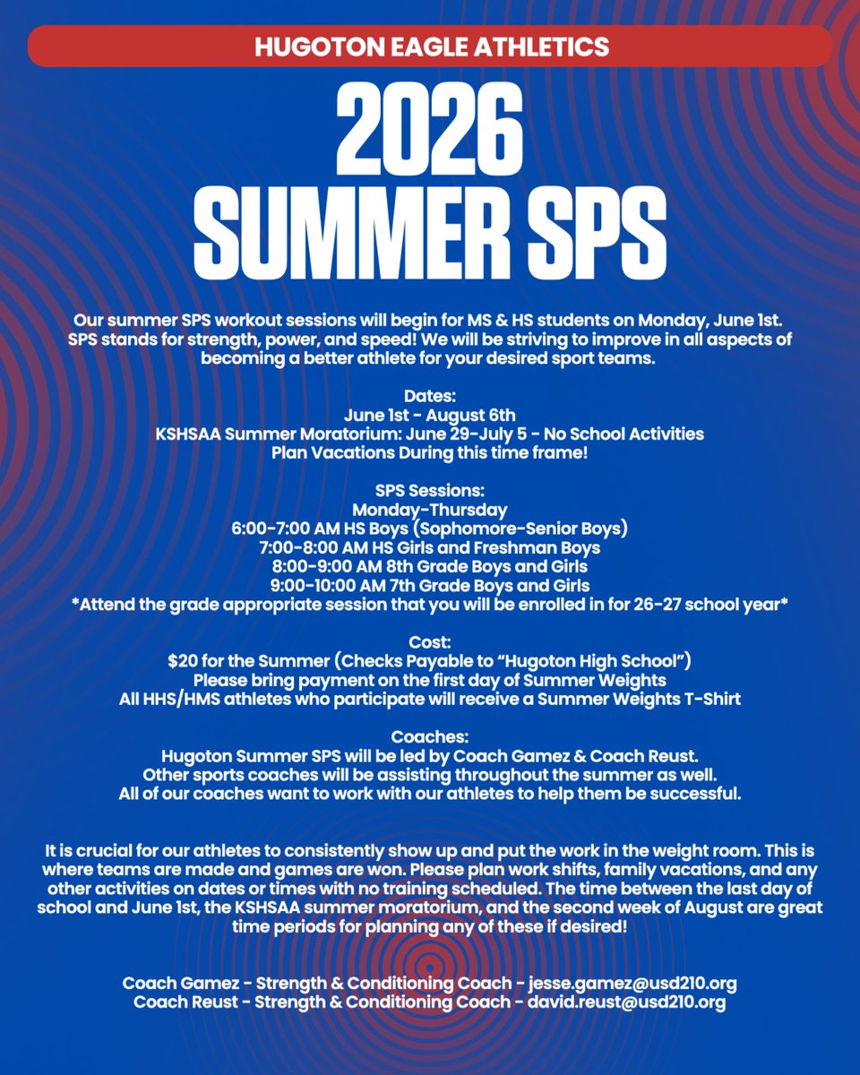 HugotonEagles's tweet photo. The work starts this summer! 💪

Join us for Summer SPS (Strength • Power • Speed) and take advantage of the opportunity to become a stronger, faster, and more explosive athlete before the 2026-27 school year.
#WeR210 https://t.co/80uDYohrIq