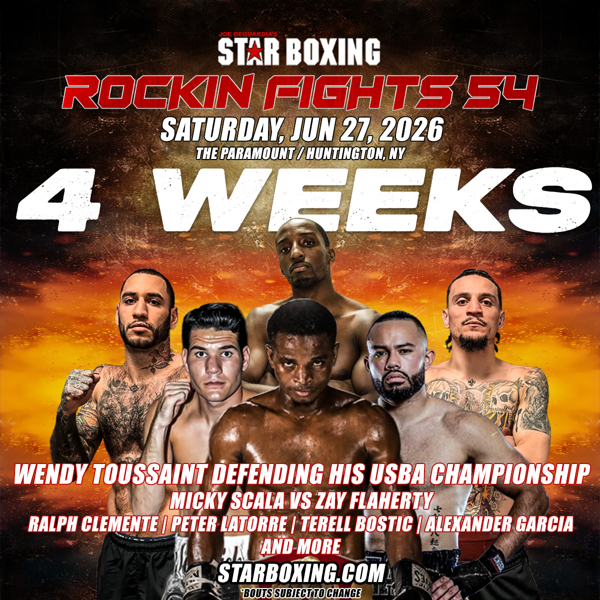 StarBoxing's tweet photo. 🚨4 WEEKS OUT🚨

⭐️🥊 The countdown is on as Joe DeGuardia’s Star Boxing storms back into @TheParamountNY with Rockin’ Fights 54 on June 27th!

🇭🇹🔥 Wendy “The Haitian Fire” Toussaint returns to defend his USBA title

🇮🇹🇮🇪 Micky Scala and Zay Flaherty collide in a classic Italian vs. Irish showdown

💥💣 Long Island standouts Terell Bostic, Peter Latorre, and Ralph Clemente are back and ready to steal the show

🎟️ Tickets are on sale now: https://t.co/cdFfnWy8oB

#StarBoxing #RockinFights54 #boxing #fightnight #LongIslandBoxing