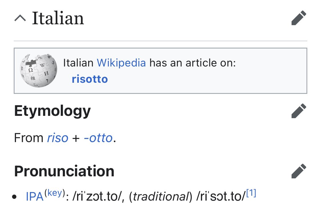Microlambert's tweet photo. @JillFilipovic @Coneee You’re kidding yourself if you think they use the American pronunciation though. Of the six phonemes in the Italian pronunciation of risotto, American English shares only the /z/. All the vowels are different, plus the trilled ‘r’ and doubled ‘t’ https://t.co/ZI6KRMWN0T