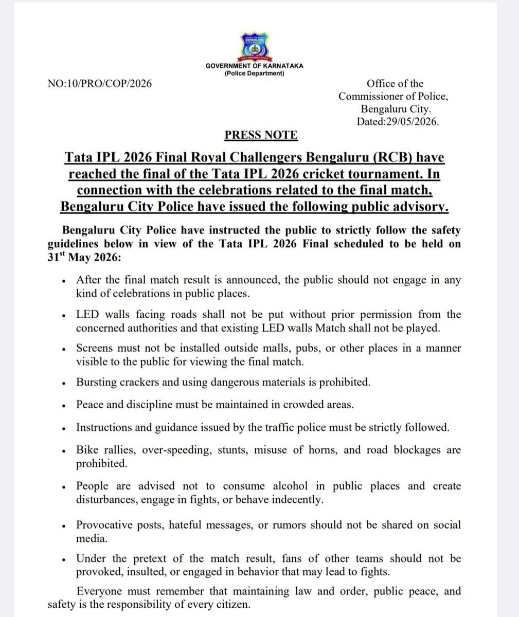 wfieldps's tweet photo. Public Advisory...
#IPLFINAL2026
@CPBlr @BlrCityPolice @dcpwhitefield @AblaFahita https://t.co/BYhEE6G47y