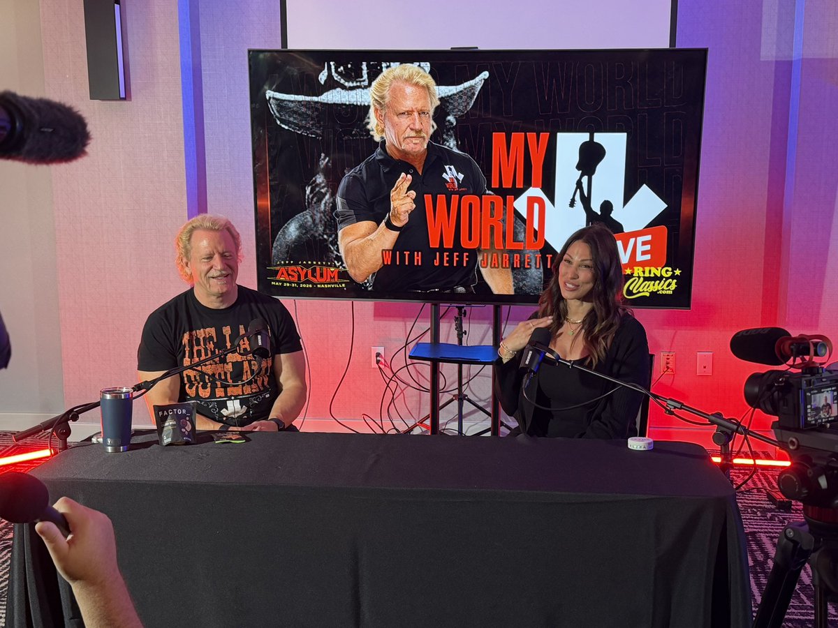 spatti71's tweet photo. Starting the morning off right with a live @MyWorldPod with @RealJeffJarrett &amp; @karenjarrett @HeyHeyItsConrad @ringclassics #tnaasylum https://t.co/E43lsdkB2u