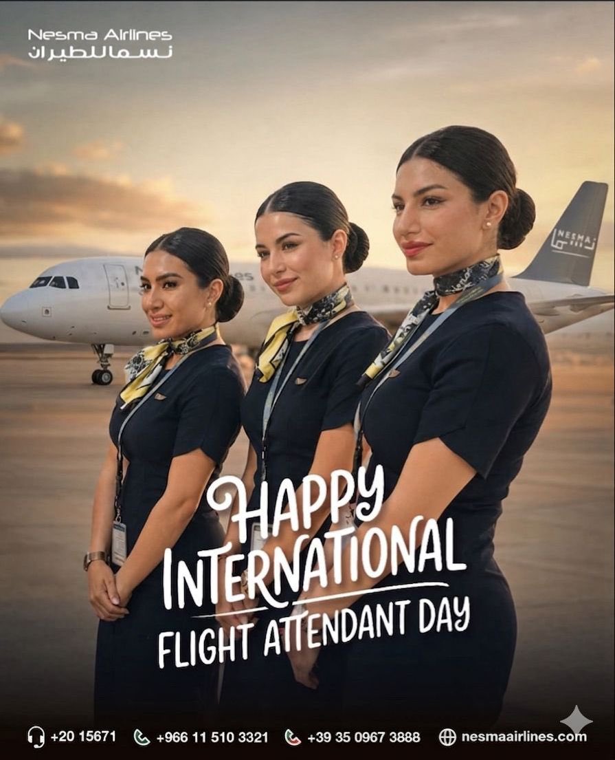 flyplusAirlines's tweet photo. Today, we celebrate the professionals who bring grace, strength, and heart to every journey.

Happy Flight Attendant Day ✈️

#سافرمع_نسما #نسما_للطيران #اليوم_لعالمي_لطاقم_الضيافة
 #NesmaAirlines #FlyWithNesma #CabinCrew #FlightAttendant https://t.co/SnINRRKkUN