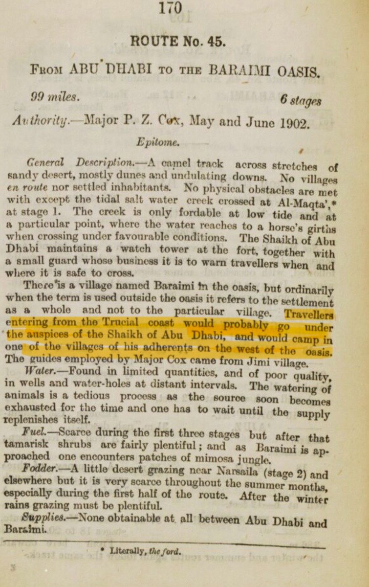 MkhalifahS's tweet photo. من الأرشيف السري للجيش البريطاني في الهند (1915م)

وثق كتاب المسارات السري للأركان العامة البريطانية في الهند الصادر عام 1915م (Routes in Arabia) كيف كانت طرق البادية من أبوظبي إلى واحة البريمي تحت إشراف وضبط شيوخ أبوظبي؛ حيث بدأت الرحلات بتأمين وحماية الشيخ زايد الأول عبر برج المقطع، واستمرت بتخطيط وتوجيه ابنه الشيخ طحنون  عبر مسار سويحان. 

سيادة متوارثة في وثائق التاريخ
..

 صيف 1902م (عهد الشيخ زايد الأول):
تذكر الوثيقة أن القوافل المتجهة من أبوظبي للبريمي تتحرك "تحت رعاية وحماية شيخ أبوظبي"، وتبدأ الرحلة بحراسة وإرشاد من حامية برج المقطع لتأمين العبور، وتنتهي بالنزول في غرب الواحة بضيافة وحماية أتباع الشيخ.

Travellers entering from the Trucial coast would probably go under the auspices of the Shaikh of Abu Dhabi, and would camp in one of the villages of his adherents on the west of the oasis.

،،
وبعد أن وثق البريطانيون مسار أبوظبي-البريمي عام 1902م في عهد الشيخ زايد الأول، عادوا في أغسطس 1912م لتوثيق المسار البديل عبر سويحان بناءً على إفادة ومعلومات الشيخ طحنون بن زايد حاكم أبوظبي مباشرة، وبتنسيق ميداني مع ممثله في الواحة الشيخ أحمد بن هلال الظاهري (1913م).

Authority and date.—Shaikh Tahnūn-bin-Zaid, of Abu Dhabi, August 1912."

*خريطة عامة لشبه الجزيرة العربية توضّح الطرق البرية عبر المنطقة.

المصدر: مكتبة قطر الرقمية

#البريمي