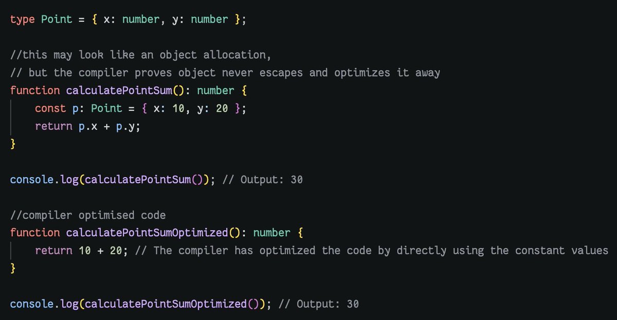 avrldotdev's tweet photo. One of the coolest compiler optimisation is when an object never exists at runtime.

The code (img) look like a heap allocation. Most devs think memory being allocated & later claimed by the GC.

But the compiler asks:
"Can this reference escape?"

This is called Escape Analysis.