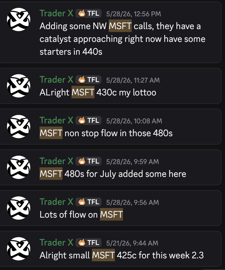 sp_traderX's tweet photo. $MSFT  remains relentless. A locally-running AI agent reportedly on deck — the kind of catalyst that keeps the trend going.

@TheTradeFlow nailed the entry, added size, and de-risked into strength. Next week sets up well. 🚀 https://t.co/FC1mvfJauI