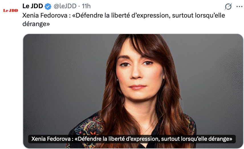 benoitmgh's tweet photo. 🔴 Tous ceux qui ont dit ça en Russie sont morts, assassinés, ou croupissent dans une "colonie russe" (néo-goulag) en Sibérie :

"Défendre la liberté d'expression, surtout lorsqu'elle dérange"

La liberté est telle en 🇫🇷 , qu'elle la savoure chez Bolloré
#FedorovaGoHome #Ukraine https://t.co/v21GHy79dT