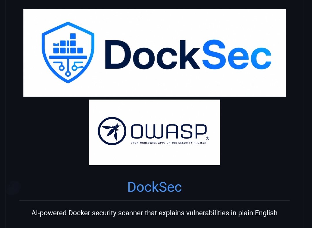 VivekIntel's tweet photo. 🐳 DockSec — AI-Powered Docker Security Scanner

Container security reports are often filled with hundreds of CVEs, making it difficult to know what actually matters.

DockSec helps developers focus on the risks that affect their specific Docker environment.

• Combines Trivy, Hadolint, and Docker Scout
• AI-powered vulnerability analysis
• Plain-English security explanations
• Dockerfile remediation guidance
• Security scoring (0–100)
• HTML, PDF, JSON, CSV reporting
• GitHub Actions integration
• Supports OpenAI, Claude, Gemini, and Ollama

How it works:

🔍 Scan → Trivy, Hadolint, Docker Scout
🧠 Analyze → Correlates findings and reduces noise
🛠️ Recommend → Suggests actionable fixes
📄 Report → Generates professional security reports

Key use cases:

• Dockerfile reviews
• Container hardening
• CI/CD security checks
• DevSecOps workflows
• Vulnerability prioritization
• Security posture tracking

Instead of reviewing 200+ raw CVEs, DockSec highlights what is actually relevant and provides practical remediation guidance.

🔗 https://t.co/LLXWcAxUjN

#Docker #ContainerSecurity #DevSecOps #OWASP #CyberSecurity #CloudSecurity #Kubernetes #AppSec #AI #InfoSec