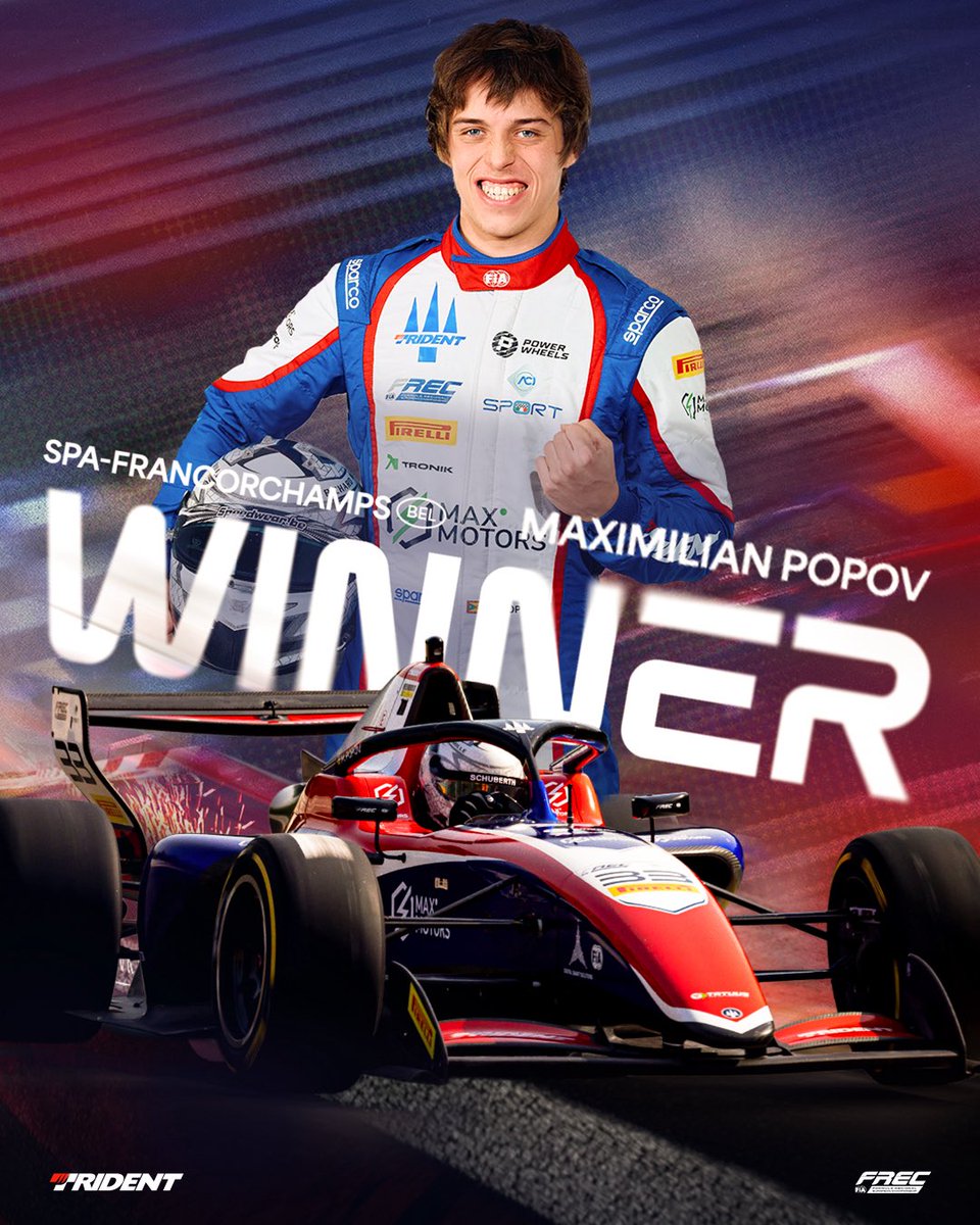 trident_team's tweet photo. Maximilian Popov dominates from start to finish and wins Race 3 at Spa-Francorchamps 🇧🇪
First victory for him and for us in this FIA Formula Regional European Championship season.

Well done, Max! 🔱❤️

#Trident #TridentTeam #TridentMotorsport #FREC https://t.co/tJwTKyEM9C
