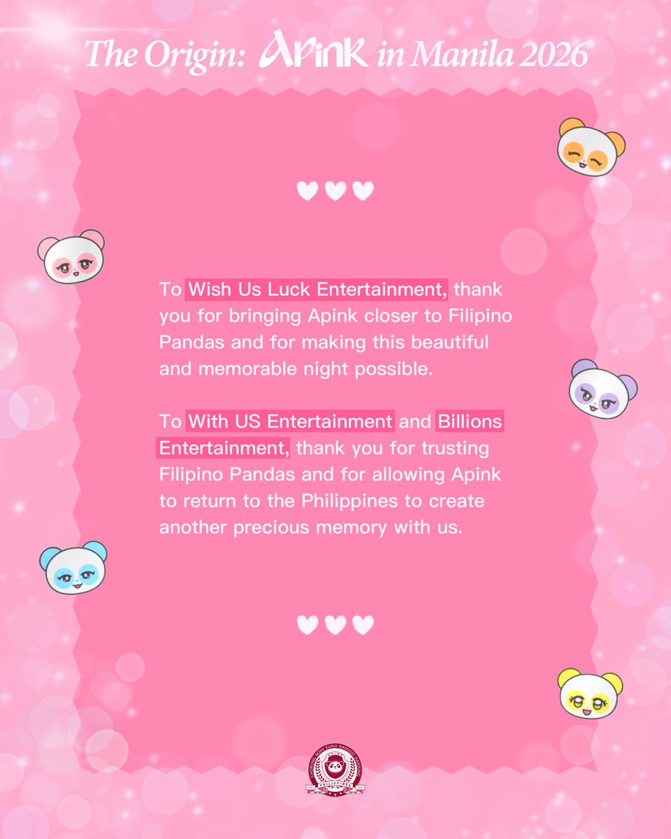 Apink_PH's tweet photo. #TheOriginApinkManila

3 weeks later, our hearts are still full 🐼💖
Thank you to everyone who made this beautiful memory possible. Apink is forever 🌸✨

#Apink #ApinkinManila2026 https://t.co/PMiUwGr5w3