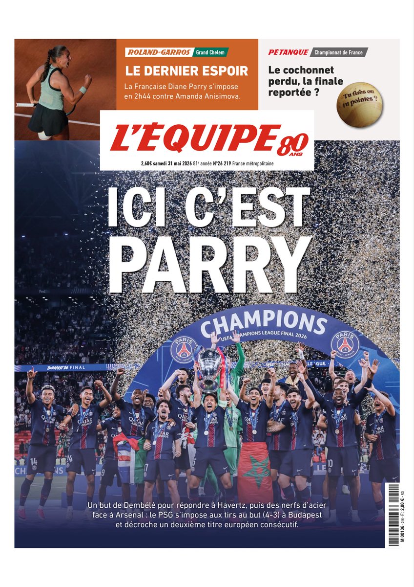 leonissime's tweet photo. @admelchev Perso je me suis amusée à faire une fausse Une pour combiner la victoire du PSG et la victoire de la dernière française à Roland Garros (Diane Parry) https://t.co/huOIkwRoDI