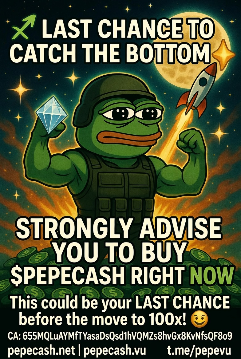 PEPECASHVU's tweet photo. 🚨 **LAST CHANCE TO CATCH THE BOTTOM** 🚨

**STRONGLY ADVISE YOU TO BUY $PEPECASH RIGHT NOW** 💎🐸🔥

This could be your **LAST CHANCE** before the move to **100x**! 🚀

The army is loading up. Every buy counts.  
Smallest entries are making the biggest impact right now.

**BUY HARD. HODL HARDER.**  
Diamond hands only, soldiers! 🐸💪

Huge prize draws dropping very soon 🎁🎟️

Who’s buying today?  
Drop a **💎** or comment **“I’M IN”** 👇

**CA:**  
655MQLuAYMfTYasaDsQsd1hVQMZs8hvGx8KvNfsQF8o9

🌐 **WEBSITE:** https://t.co/KxYX2fRPwT | https://t.co/fJYH0cypbu  
📢 **TELEGRAM:** https://t.co/1m6ODQ8ij0

$PEPECASH 🐸💚 **RETWEET** if you’re catching this bottom with us!  
Let’s flood the timeline 🔥