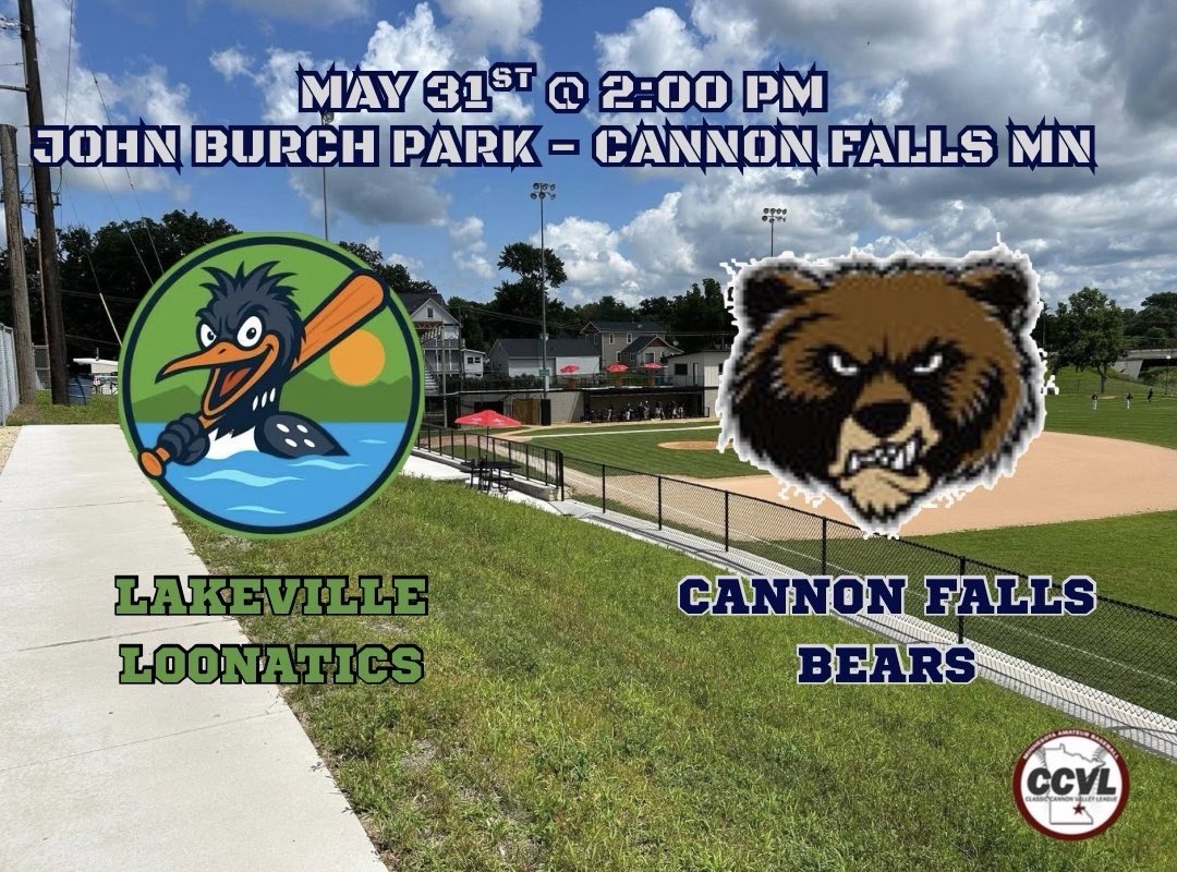 CF_Bears's tweet photo. 🚨BEARS GAMEDAY🚨

🆚 - Lakeville Loonatics 
⏰ - 2:00 PM
📍 - Cannon Falls, MN
🏟️ - John Burch Park

Da Bears host the Loonatics this afternoon in a CCVL contest!

$1 foul balls courtesy of Family Chiropractic Wellness. 

#HumBears 🐻 https://t.co/ZAtU1Ydmi8
