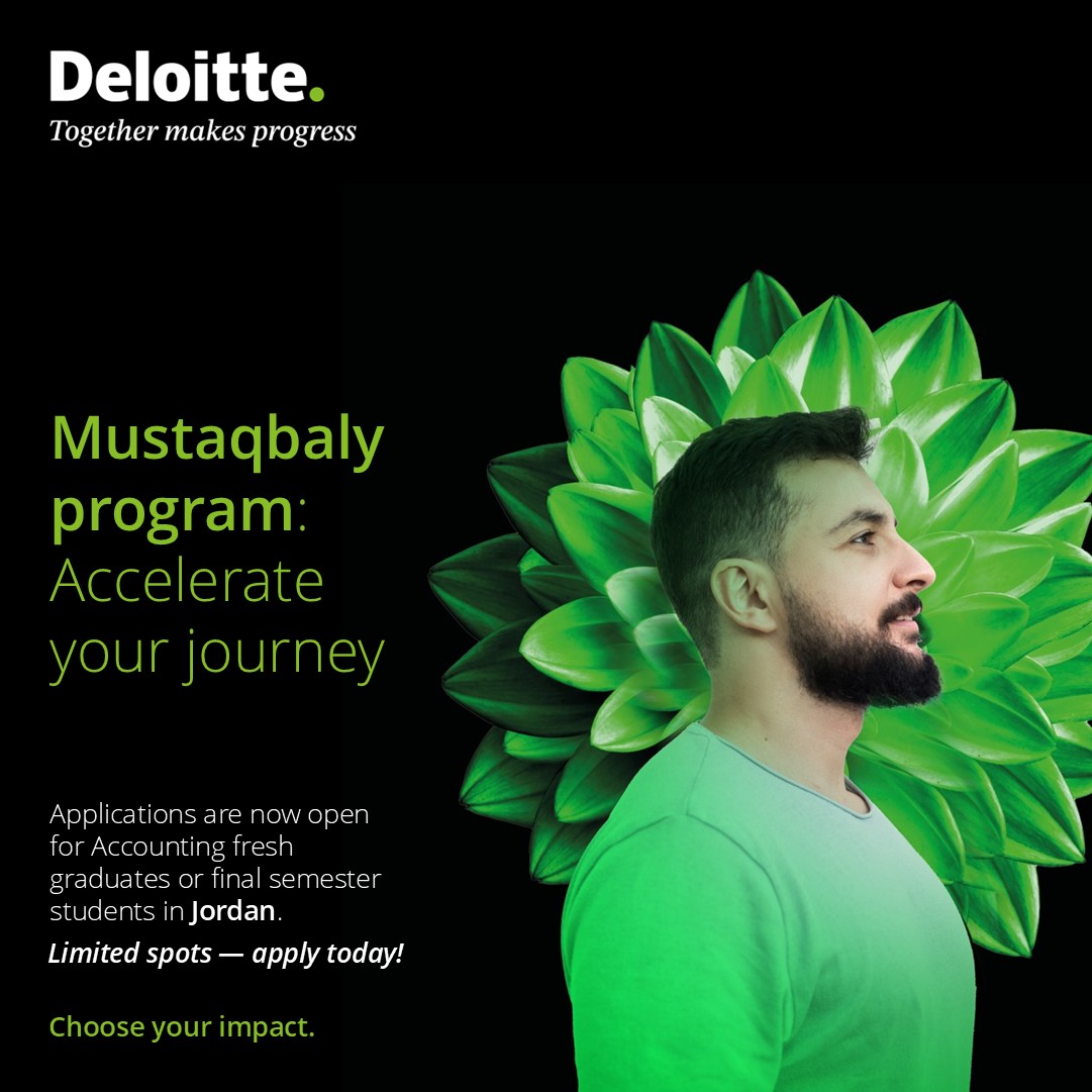 DeloitteME's tweet photo. Accounting fresh graduates and final-year students in Jordan: Fast-track your CPA or ACCA with Deloitte's #Mustaqbaly program.

Expert training, flexible learning, and career growth at Deloitte. Limited spots — apply now and unlock your future: https://t.co/0F4qcIOTtO

#DeloitteMiddleEast #CareersatDeloitte