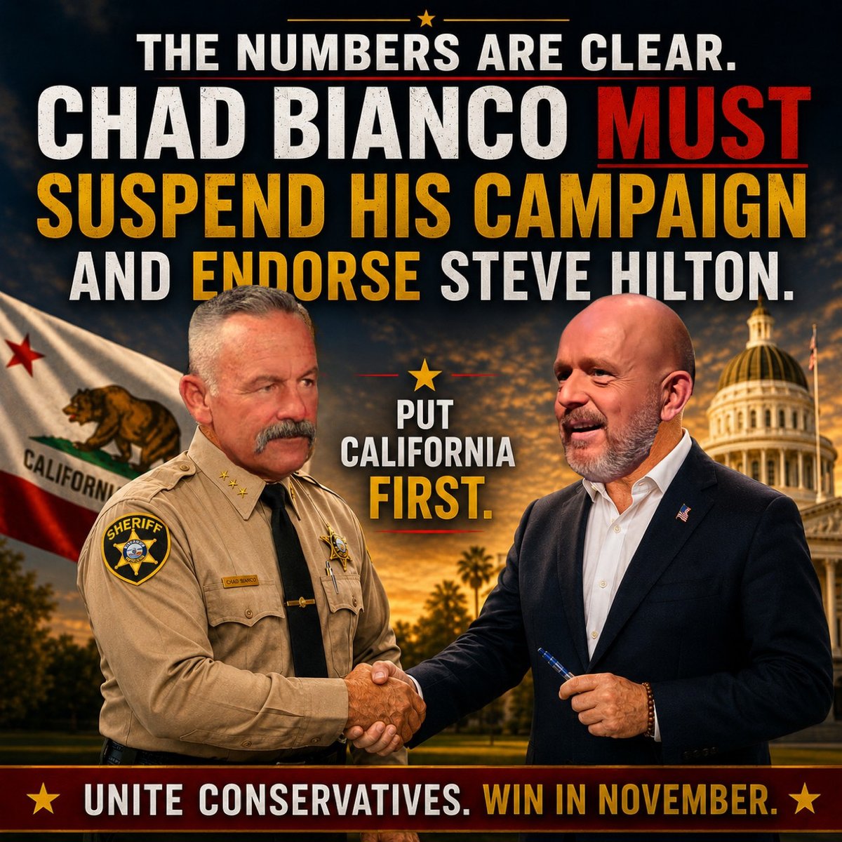 RINO_Removal's tweet photo. 🚨 The numbers are clear. 
Chad Bianco, the game is up.

California’s top-two jungle primary is unforgiving. If conservatives split the vote, we could wake up on June 3 with two Democrats advancing to November.

A vote for Chad Bianco right now, however well-intentioned, risks exactly that outcome.

Chad Bianco has run a strong race as a law-and-order fighter and has earned the respect of many California conservatives. He would make a good governor and is the most aligned with many core America First priorities.

But elections are won with math, not wishful thinking.

President Trump endorsed Steve Hilton, and the numbers show Hilton has the strongest path to advancing to November.

The time for competition is over.
The time for unity is now.

.@ChadBianco : You’ve fought hard and highlighted real conservative priorities. Respect for the fight. Now put California first — suspend your campaign, endorse Steve Hilton, and help unite conservatives behind one banner.

Let Chad Bianco know how you feel!👇🏼