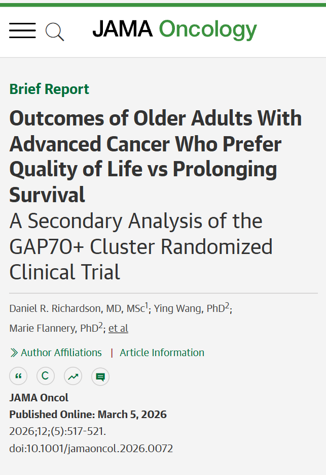 JAMAOnc's tweet photo. Older adults with advanced cancer mainly prioritized quality of life, but their treatment preferences were not associated with differences in survival, hospitalization, or adverse effects. https://t.co/n1c9pvbkpV https://t.co/1DUXSaZ6UH