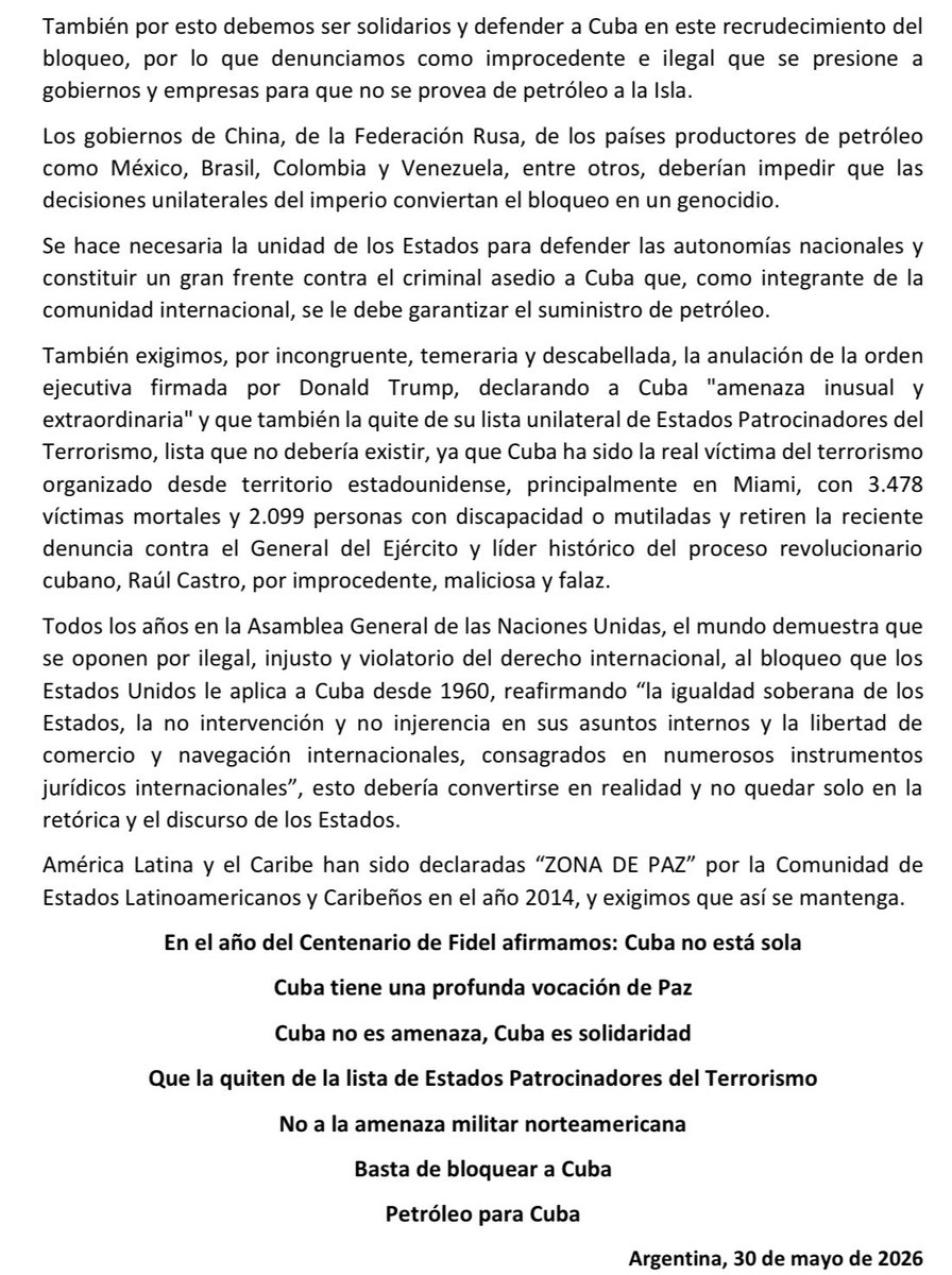 siempreconcuba's tweet photo. 🇦🇷🇨🇺 Organizaciones argentinas emitieron una declaración exigiendo "Basta de bloquear a #Cuba" y "Petróleo para Cuba". "No es un ruego, es una exigencia a #EEUU.: fin al bloqueo económico, comercial y financiero". ✊❤️ 

#ICAPCuba #CubaNoEstáSola https://t.co/xfdu2P2kBp