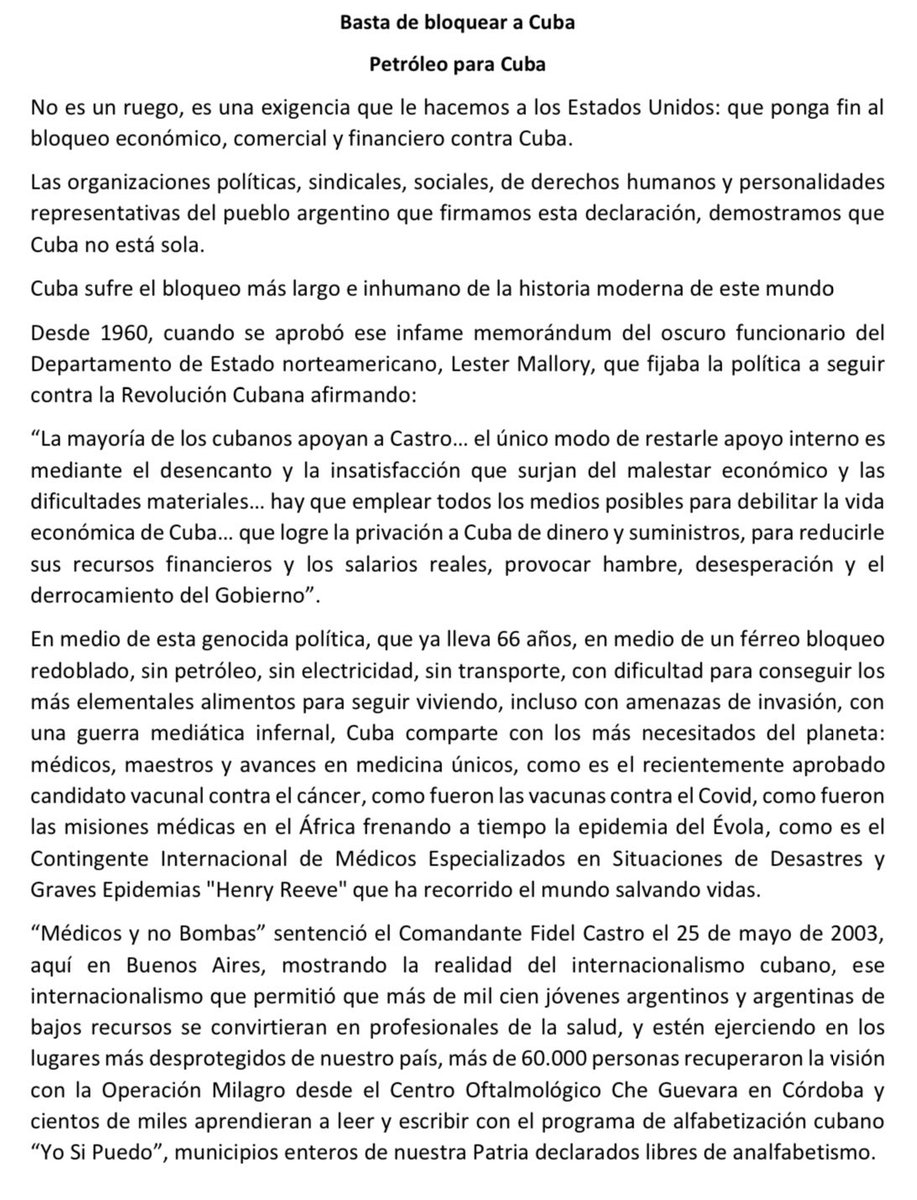 siempreconcuba's tweet photo. 🇦🇷🇨🇺 Organizaciones argentinas emitieron una declaración exigiendo "Basta de bloquear a #Cuba" y "Petróleo para Cuba". "No es un ruego, es una exigencia a #EEUU.: fin al bloqueo económico, comercial y financiero". ✊❤️ 

#ICAPCuba #CubaNoEstáSola https://t.co/xfdu2P2kBp