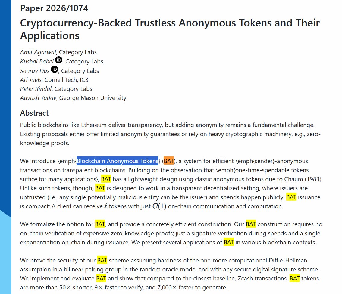 DarthMiaul's tweet photo. Researchers just created a crypto currency for all AI agents

called “BAT” (Blockchain Anonymous Token)

giving agents a way to exchange value and prove trust without revealing their identities

Coin image on page 3: https://t.co/P6SXeFkNTP

https://t.co/XKjs53BHyD https://t.co/rol4JBNxh9