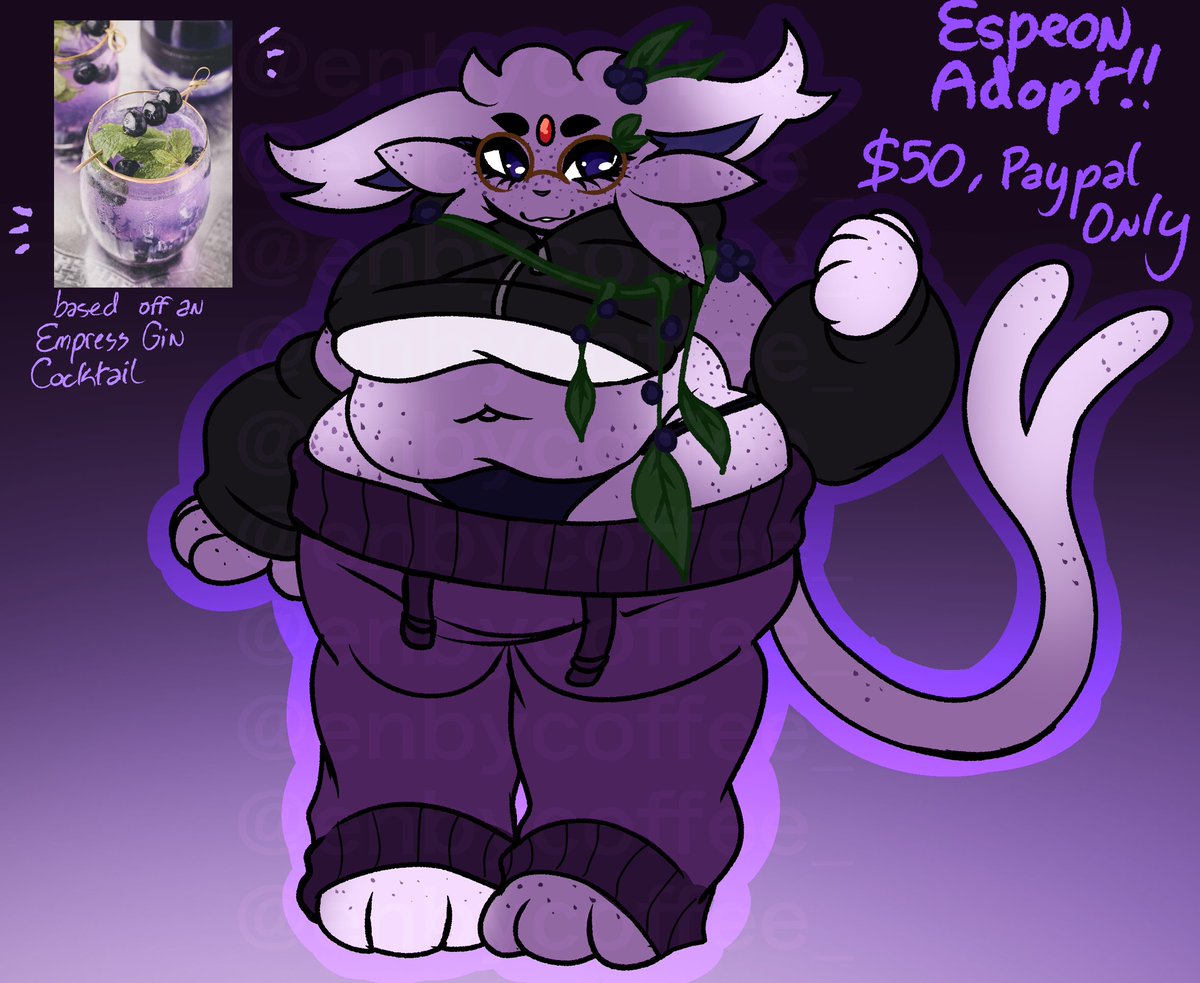 enbycoffee_'s tweet photo. Espeon Adopt based off an Empress Gin Cocktail drink!
This is the first adopt i'm selling!!
You can get her for a flat $50. There is no autobuy.. yet. I would have to see what y'all think first. https://t.co/nFrNG5bx2D